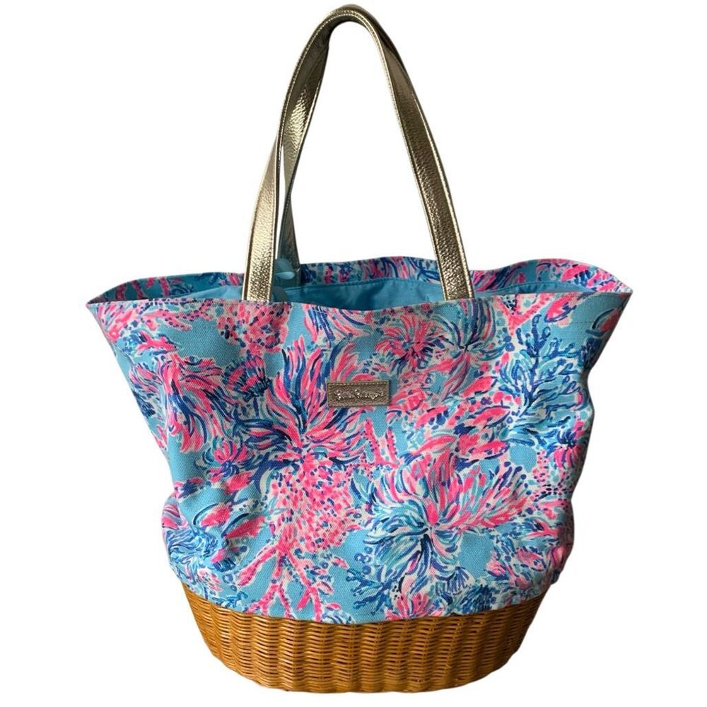 NEW NWOT Lilly Pulitzer SEEK & SEA Drawstring WICKER TOTE BAG beach pool